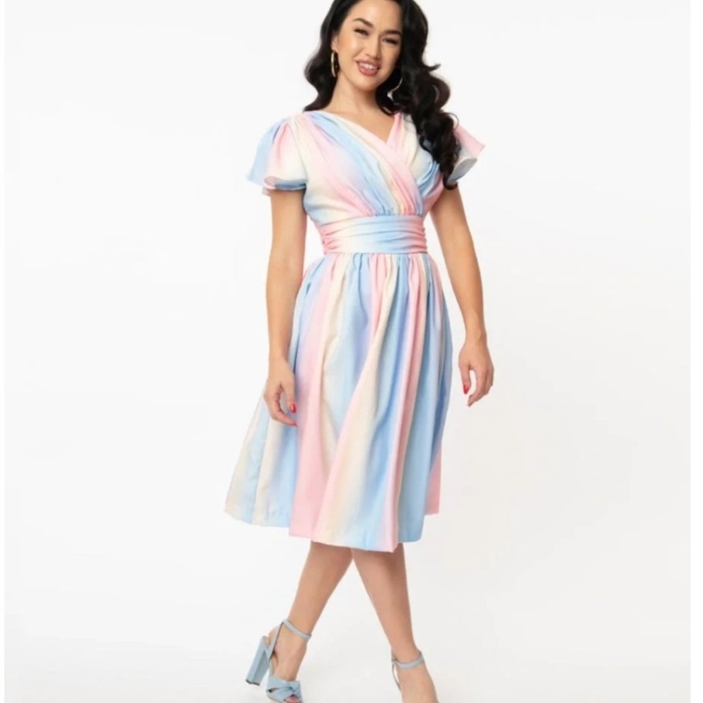 Magnolia Place Pastel Rainbow Dress Flutter Sleeve Fit & Flare | Size Large